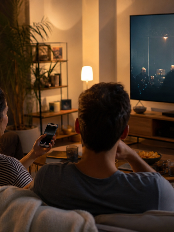 Tres personas miran un concierto en una televisión conectada mientras una usa un teléfono como segunda pantalla