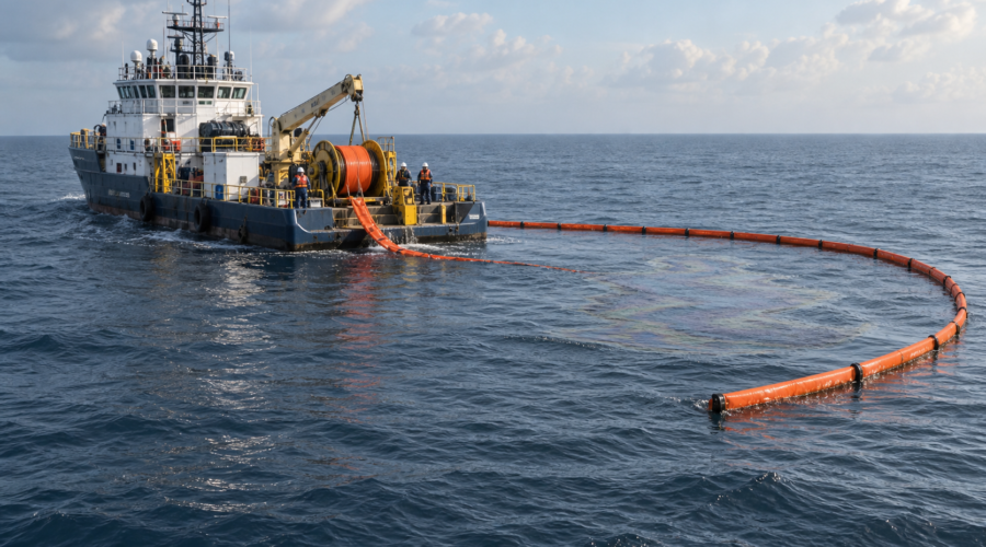 Embarcación de mantenimiento despliega equipo de contención sobre una presencia de aceite crudo en el mar