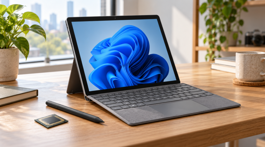 Computadora portátil convertible y lápiz digital sobre un escritorio de trabajo