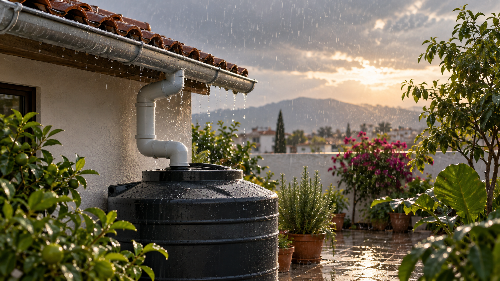 Sistema doméstico de captación pluvial representado en una guía visual sobre cuidado del agua